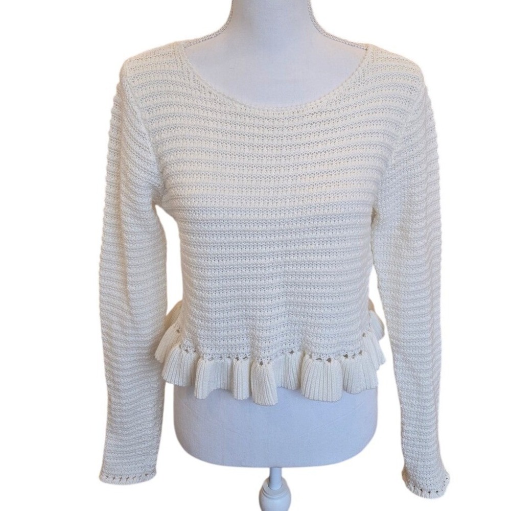 Lulus Cream Knit Crochet Ruffle Long Sleeve Cropped Sweater Boho Soft Girl Small